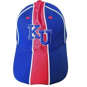 Vintage Kansas University Jayhawks Strapback Hat Cap 90s KU Blue Striped Retro
